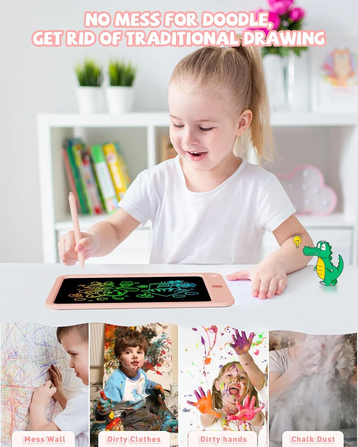 KOKODI LCD Writing Tablet for Kids, 10 Inch Colorful Drawing Tablet, Educational Learning Kids Toys for Age 3-12 Years Old, Toddler Doodle Board, School Supplies for Girls, Birthday Gifts 5-7