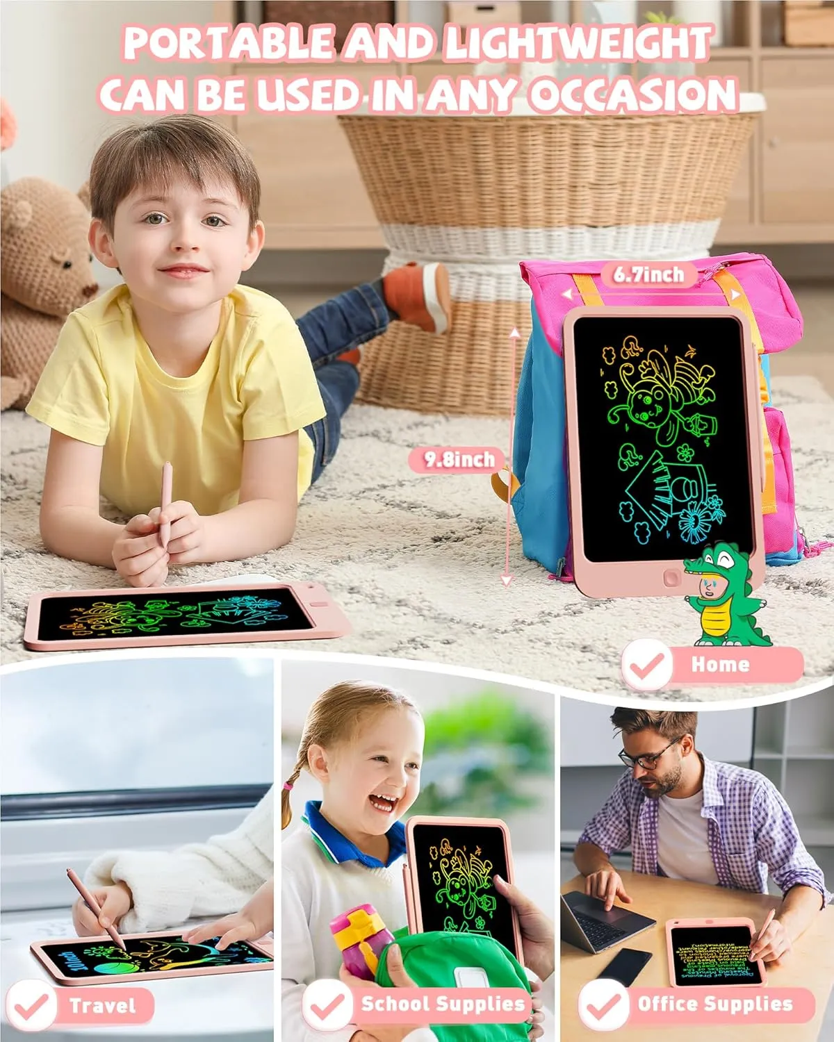 KOKODI LCD Writing Tablet for Kids, 10 Inch Colorful Drawing Tablet, Educational Learning Kids Toys for Age 3-12 Years Old, Toddler Doodle Board, School Supplies for Girls, Birthday Gifts 5-7