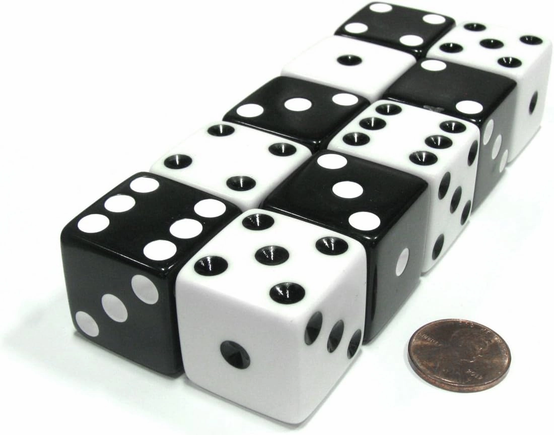 Koplow Games Set of 10 Inverse D6 25mm Large Opaque Jumbo Dice - 5 Each of White and Black