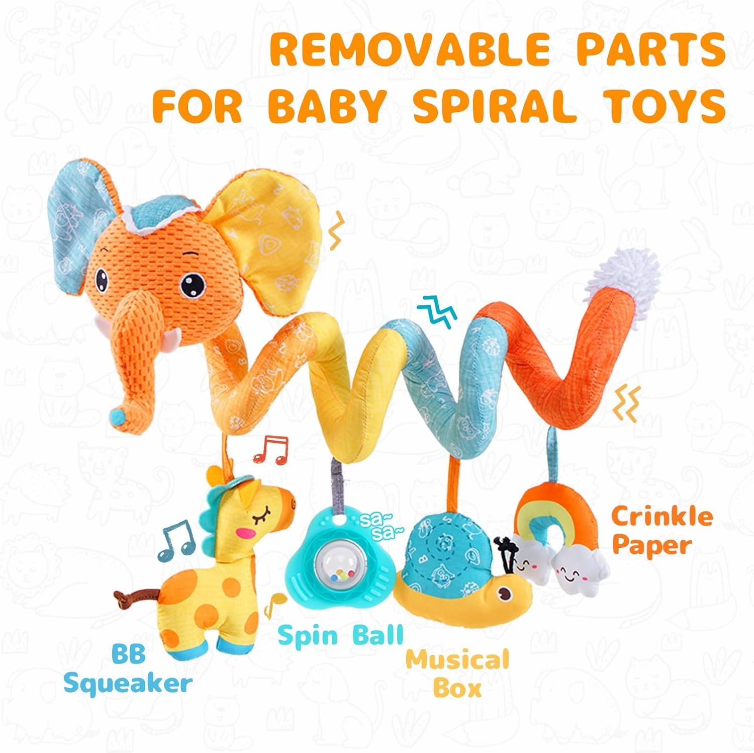 Koty Car Seat Toys, Spiral Car Seat Toy for Infant, Baby Stroller Toys Hanging Crib Activity Toy for CarSeat Crib Bed Stroller, Elephant Hanging Rattle Gifts for Babies 0-6 Months (Orange Elephant)