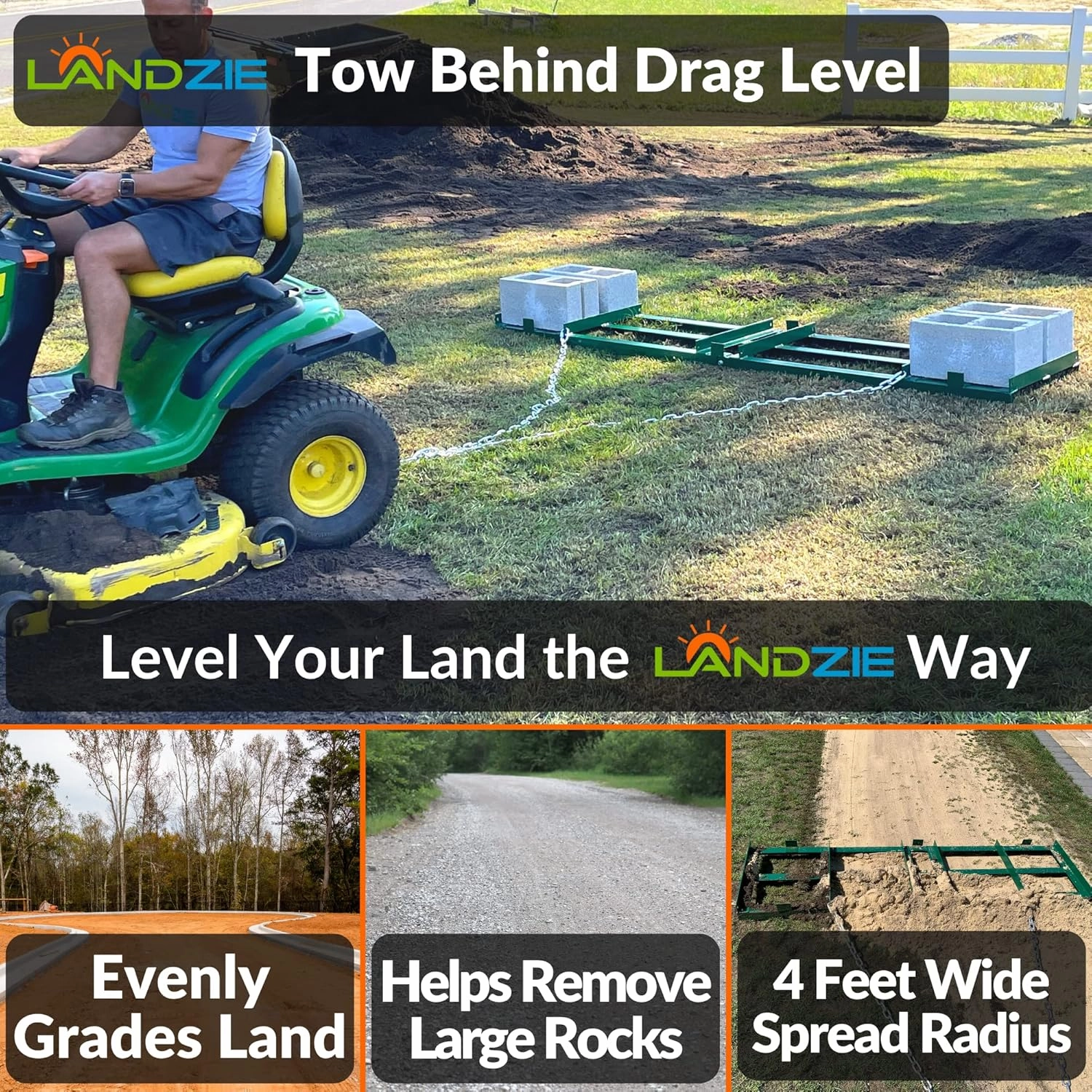 LANDZIE 4FT Drag Harrow Driveway Grader, 52 LB Heavy-Duty Tow-Behind Lawn Rake, Gravel Driveway Drag, Lawn Leveling, Landscape, and Power Rake for Land Leveling