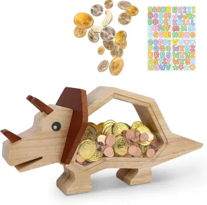 Large Wooden Triceratops Piggy Bank for Boys & Girls, Cute Toy for Kids & Toddlers, Indestruct Saving Money Box Present with Clear Plastic for Adults Birthday Gifts & Easter