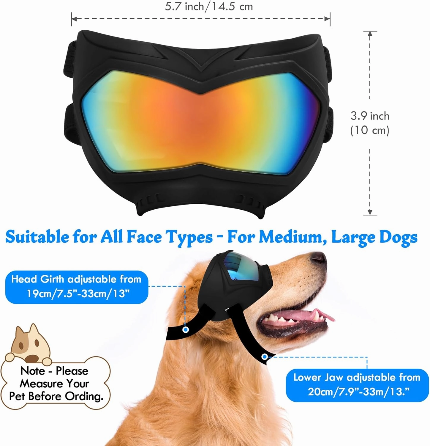 Large Dog Sunglasses Dog Goggles Pet Glasses Pet Eyewear with Adjustable Strap, Glasses for Medium Large Dog Swimming Skating Glasses Windproof Dustproof UV Proof (Black-Colorful)
