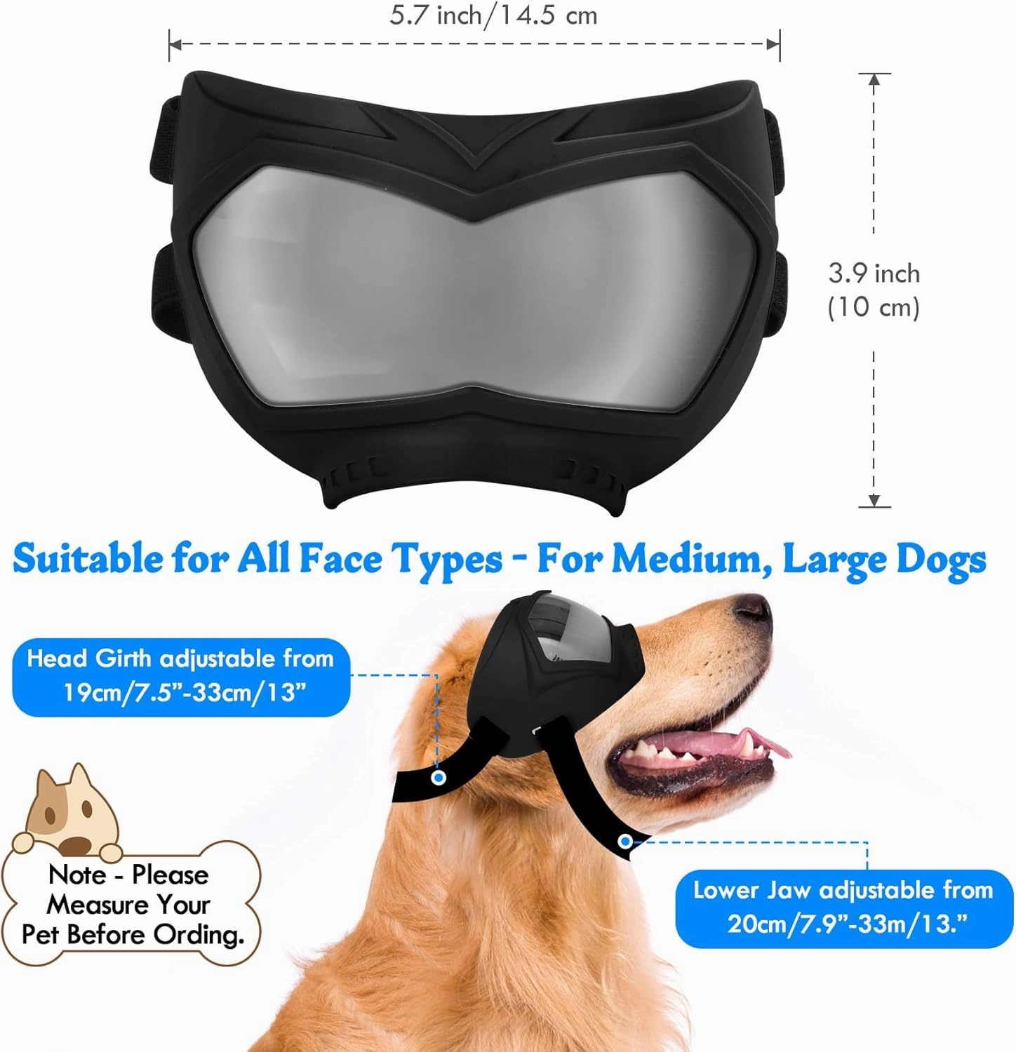 Large Dog Sunglasses Dog Goggles Pet Glasses Pet Eyewear with Adjustable Strap, Glasses for Medium Large Dog Swimming Skating Glasses Windproof Dustproof UV Proof (Black-Silver)