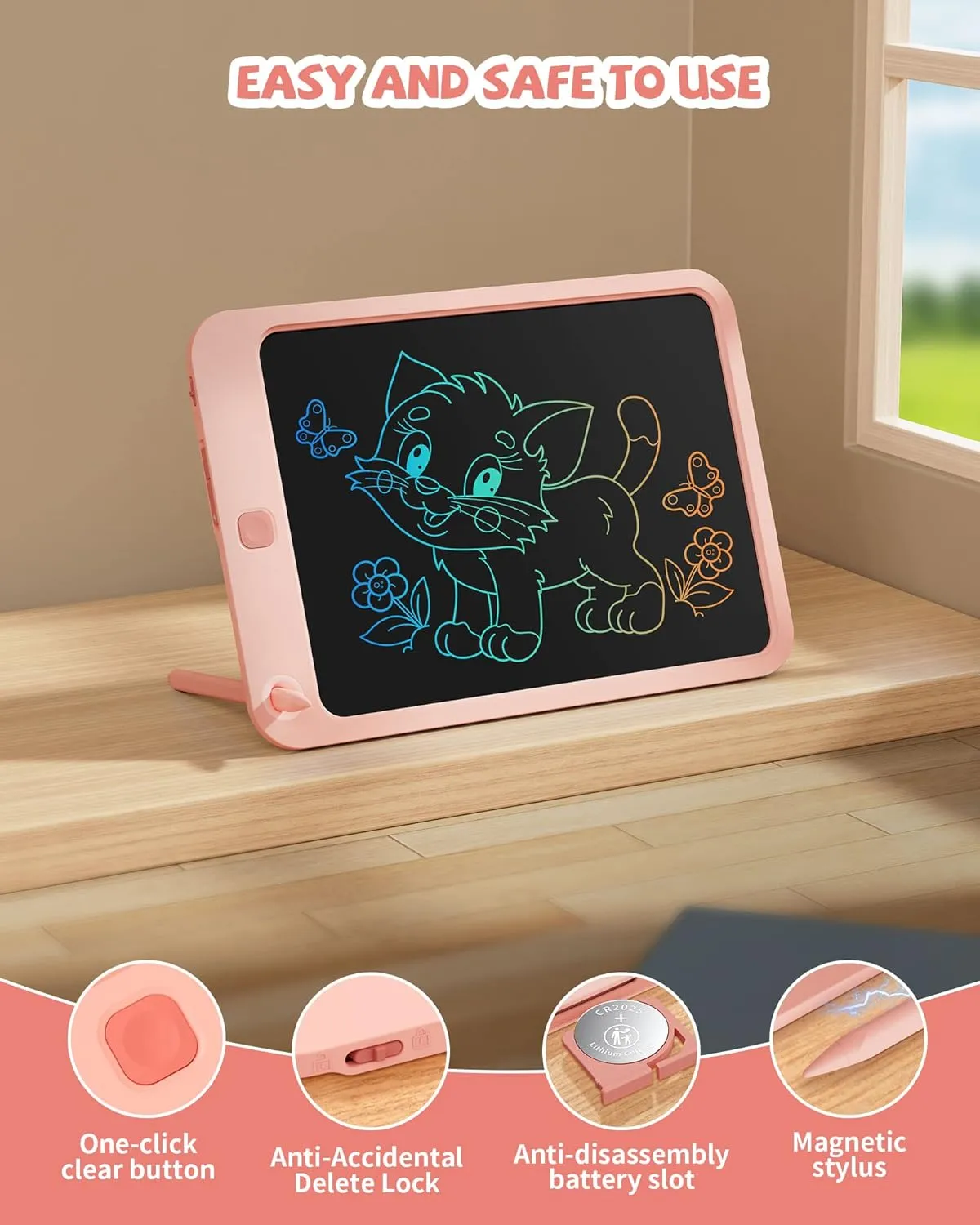 LCD Writing Tablet 10 Inch, Toys for 3 4 5 6 7 8 9 10 Year Old Boys Girls, Colorful Doodle Board Drawing Tablet, Gift for Boys Toddlers Age 3-12 Years, Memo Board, Drawing Pads with Lanyard (Pink)