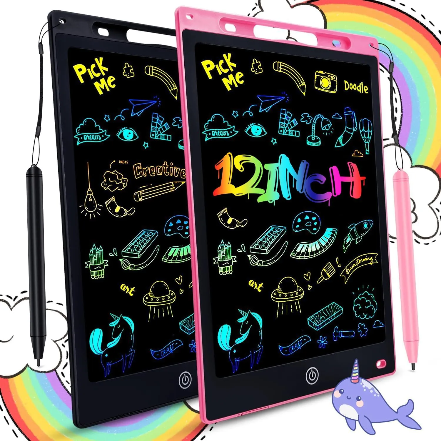 LCD Writing Tablet 2 Packs Toddler Toys, 12 Inch Doodle Board Drawing Pad Gifts for Kids Games, Erasable Colorful Drawing Board Toy Christmas Birthday Gift for 2 3 4 5 6 7 Years Old, Pink Black