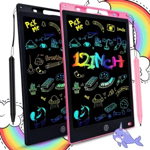 LCD Writing Tablet 2 Packs Toddler Toys, 12 Inch Doodle Board Drawing Pad Gifts for Kids Games, Erasable Colorful Drawing Board Toy Christmas Birthday Gift for 2 3 4 5 6 7 Years Old, Pink Black