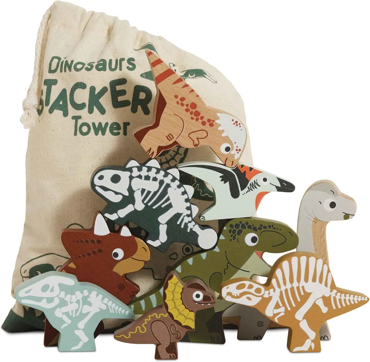 Le Toy Van Wooden Jurassic Stacking Dinosaurs & Bag | Girls & Boys 10 Piece Stacking Play Set – Suitable for Ages 18  Mths
