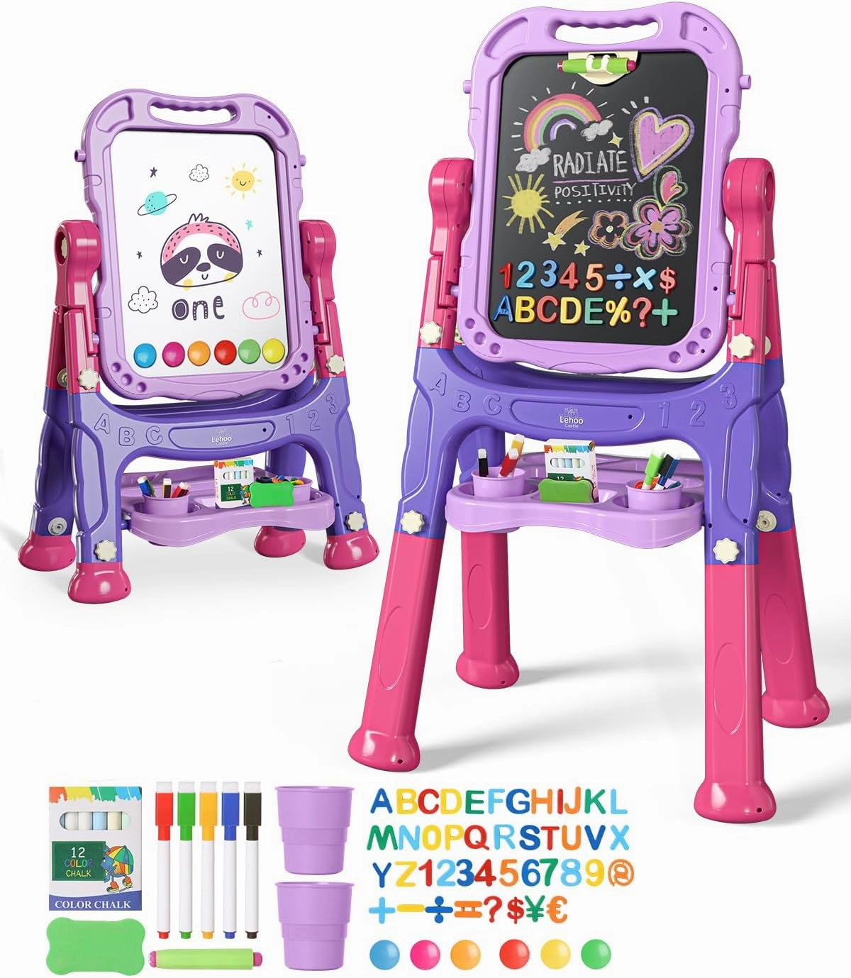Lehoo Castle Easel for Kids, Double Sided Kids Art Easel with Magnetic White Board Chalk Board, Adjustable Standing Toddler Easel with Drawing Accessories, Gift for Girls 3 4 Years Old