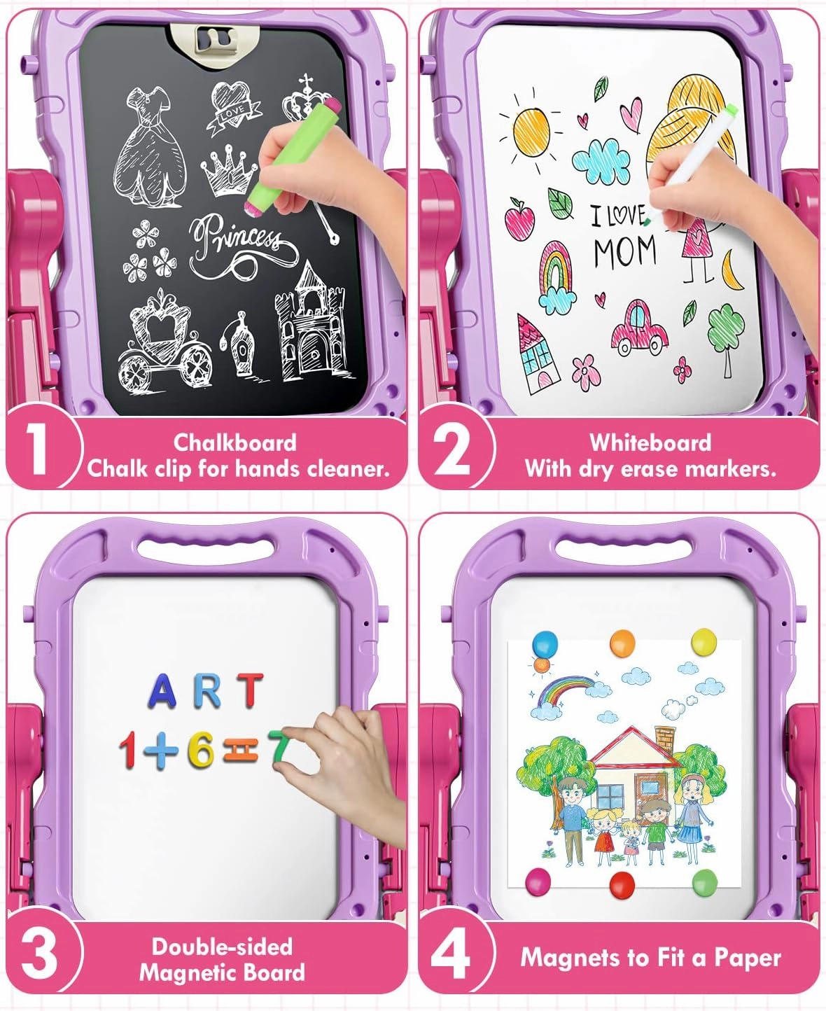Lehoo Castle Easel for Kids, Double Sided Kids Art Easel with Magnetic White Board Chalk Board, Adjustable Standing Toddler Easel with Drawing Accessories, Gift for Girls 3 4 Years Old