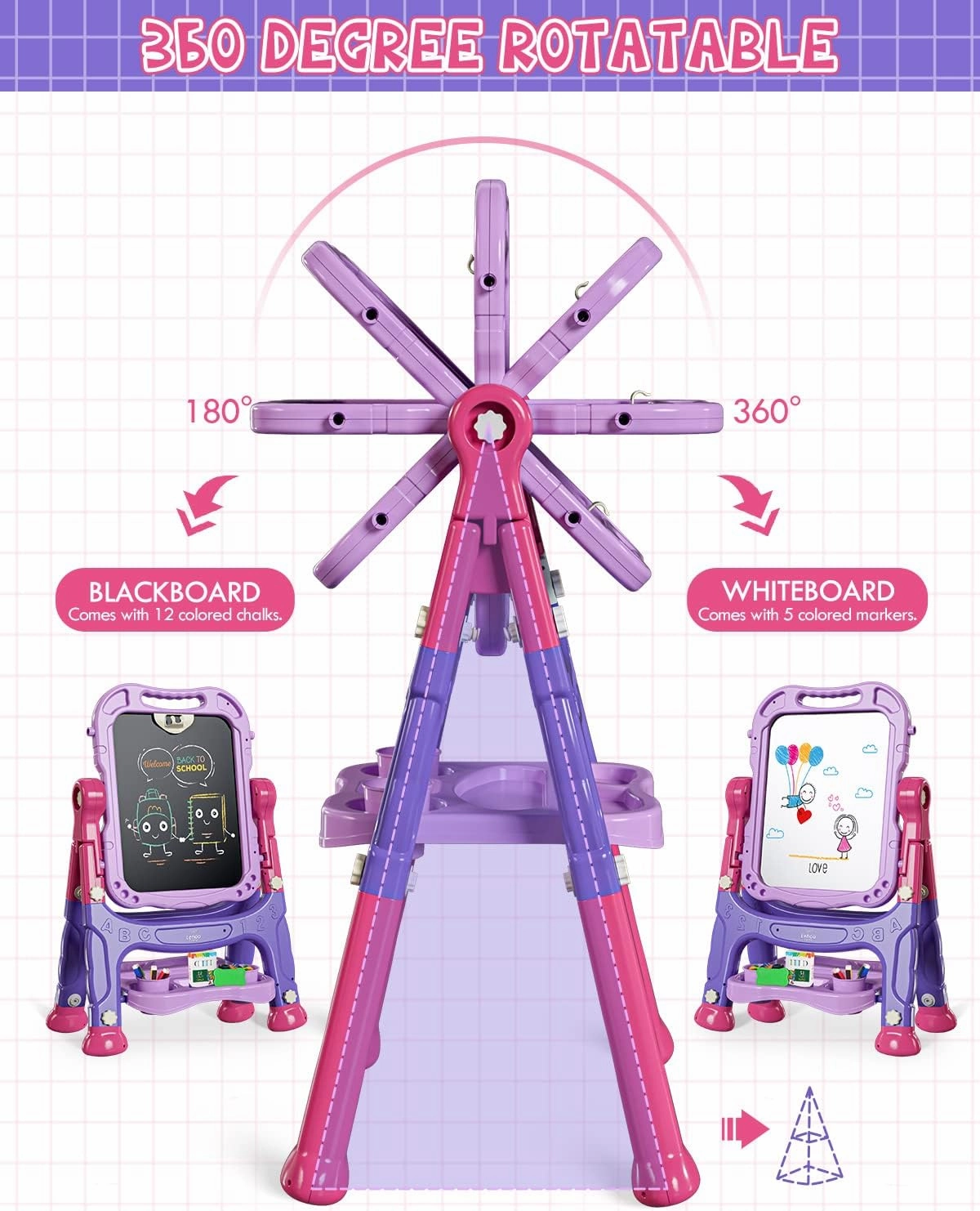 Lehoo Castle Easel for Kids, Double Sided Kids Art Easel with Magnetic White Board Chalk Board, Adjustable Standing Toddler Easel with Drawing Accessories, Gift for Girls 3 4 Years Old