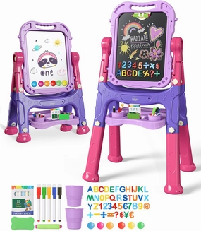 Lehoo Castle Easel for Kids, Double Sided Kids Art Easel with Magnetic White Board Chalk Board, Adjustable Standing Toddler Easel with Drawing Accessories, Gift for Girls 3 4 Years Old