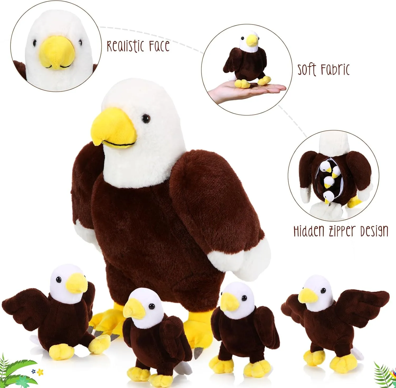 Lenwen 5 Pcs Bald Eagle Stuffed Animal Bulk 1 Mommy Eagle Plush with 4 Cute Babies Bald Eagles Plush Wild Bald Eagles Stuffed Animal Toy for Boys Girls Birders Zoo Gifts(Eagle)