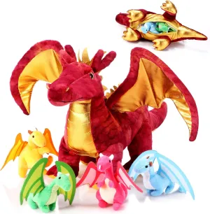 Lenwen 5 Pcs Dragon Plush Toys 16 Inch Stuffed Mommy Dragon Plush with 4 Babies in Zippered Belly for Kids Boys Girls Birthday Gifts Party Decoration Classroom Award