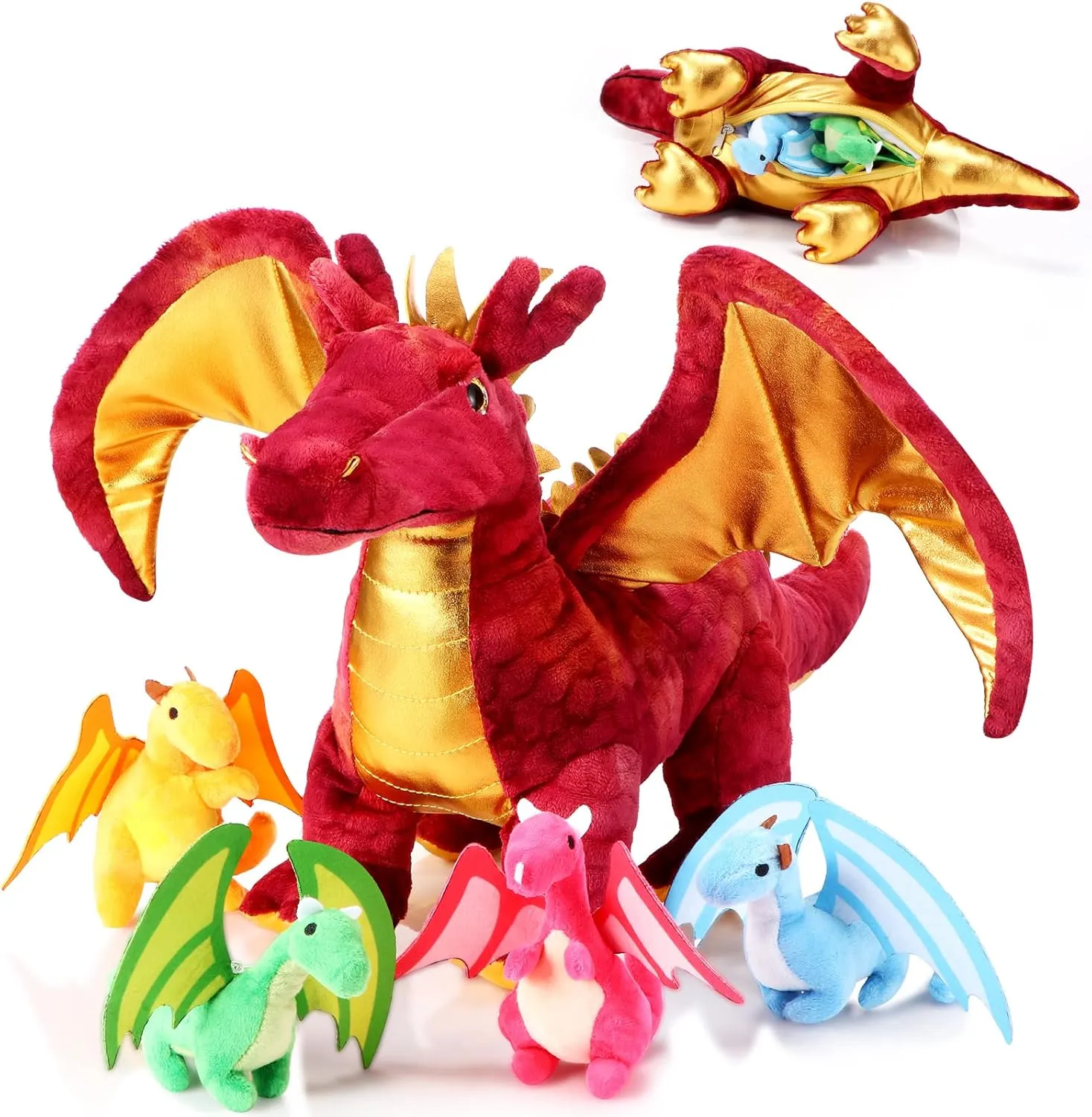 Lenwen 5 Pcs Dragon Plush Toys 16 Inch Stuffed Mommy Dragon Plush with 4 Babies in Zippered Belly for Kids Boys Girls Birthday Gifts Party Decoration Classroom Award