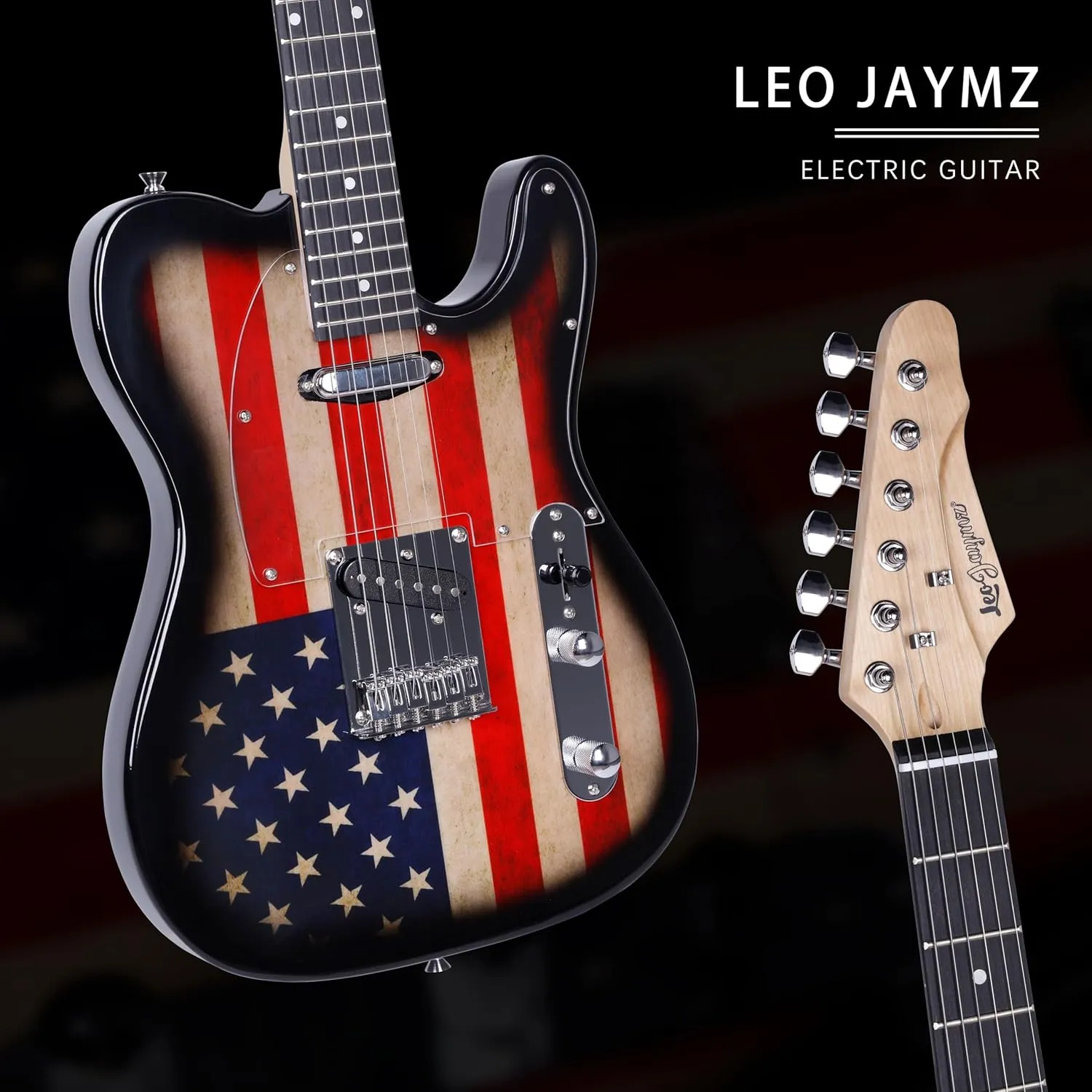 Leo Jaymz TL Style Electric Guitar with US Flag Design - High Gloss Mahogany Body and Hard Maple Neck - High Transparent Acrylic Pickguard (US Flag, Deluxe)