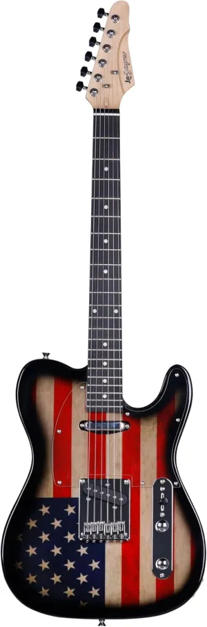 Leo Jaymz TL Style Electric Guitar with US Flag Design - High Gloss Mahogany Body and Hard Maple Neck - High Transparent Acrylic Pickguard (US Flag, Deluxe)