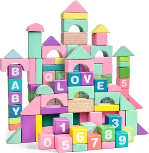 Lewo Wooden Building Blocks for Toddlers, 61 Pcs Montessori Stacking Toys in 9 Colors with Alphabet & Number, Preschool Learning Toys Gifts for Kids 3 4 5 Years Old