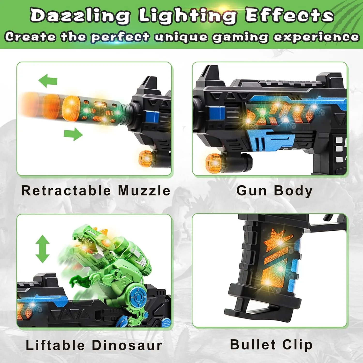 Light Up Toy Gun with Sound Effects for Kids, Unique Barrel Telescopic Action & Liftable Dinosaur Baby Toy Guns Make Noise, Christmas Birthday Gifts for Boys Girls(Batteries Not Included)