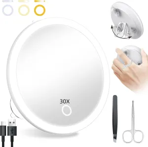 Lighted 30X Magnifying Mirror, Makeup 30X Magnification with Suction Cups, Ring Handheld Magnified Mirror with 3 Color Dimming Rechargeable 5inch Travel Magnification with Tweezers & Scissors Set