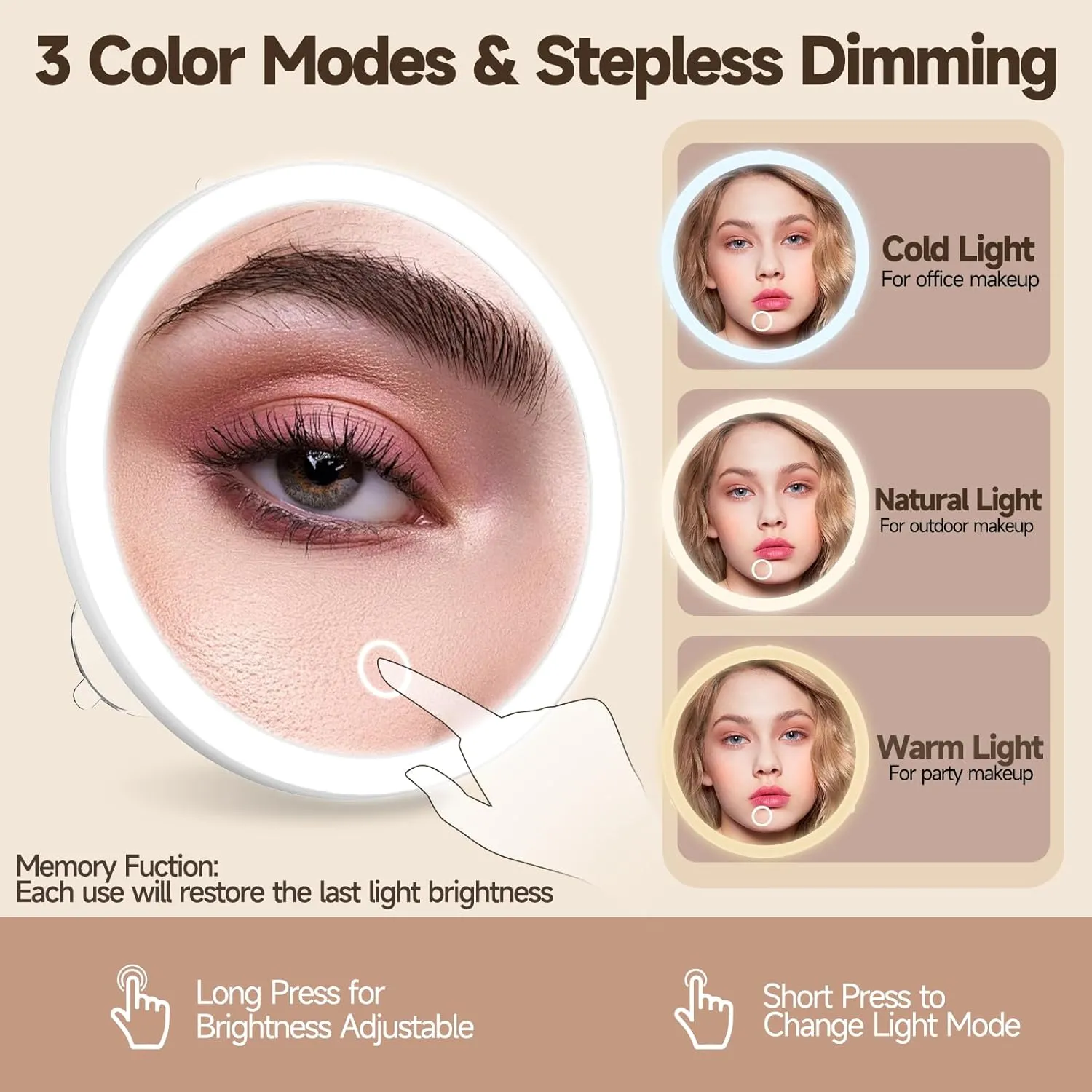 Lighted Magnifying Mirror, 30X Makeup Magnifying Mirror with Suction Cups, Ring Handheld 30X Magnification with 3 Color Lights Dimmable 5inch Travel Magnification