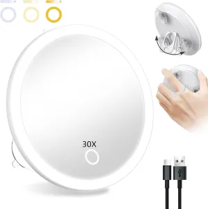 Lighted Magnifying Mirror, 30X Makeup Magnifying Mirror with Suction Cups, Ring Handheld 30X Magnification with 3 Color Lights Dimmable 5inch Travel Magnification