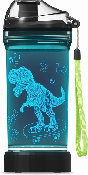 Lightzz Kids Watter Bottle，3D Dinosaur Cup with LED Illusion Light with 7 Color Changing Light - 14 0z BPA Free - Creative Travel Cup Dinosaur Gift for School Kid Boy Holiday