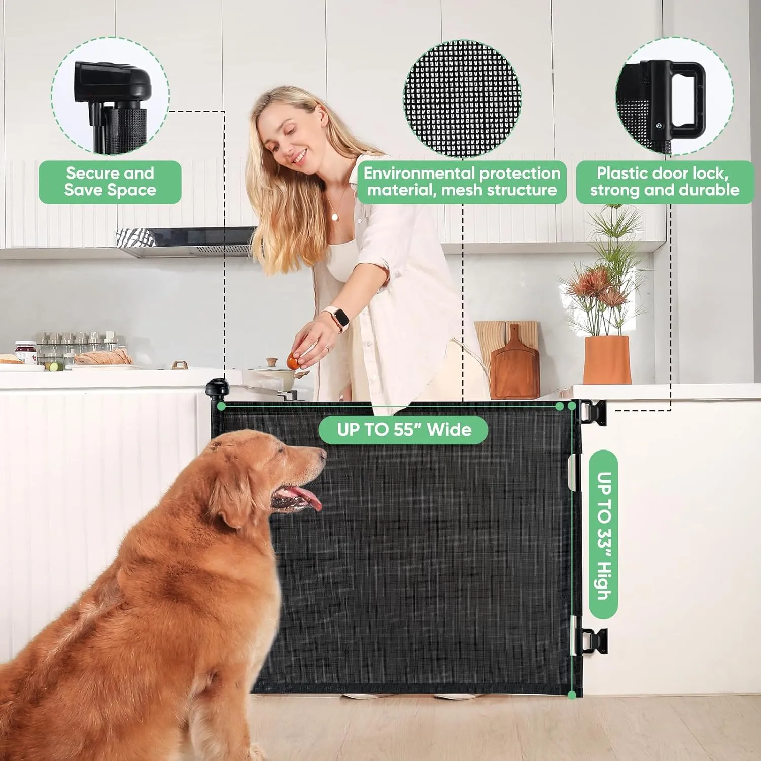 Likzest Retractable Mesh Gate, 33" Tall, Extends up to 55" Wide, Child & Pet Safety Gate for Stairs, Doorways & Hallways, Ideal for Dogs & Cats Indoors & Outdoors (Black)