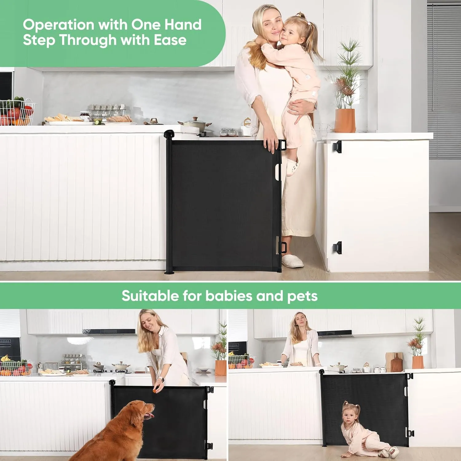 Likzest Retractable Mesh Gate, 33" Tall, Extends up to 55" Wide, Child & Pet Safety Gate for Stairs, Doorways & Hallways, Ideal for Dogs & Cats Indoors & Outdoors (Black)