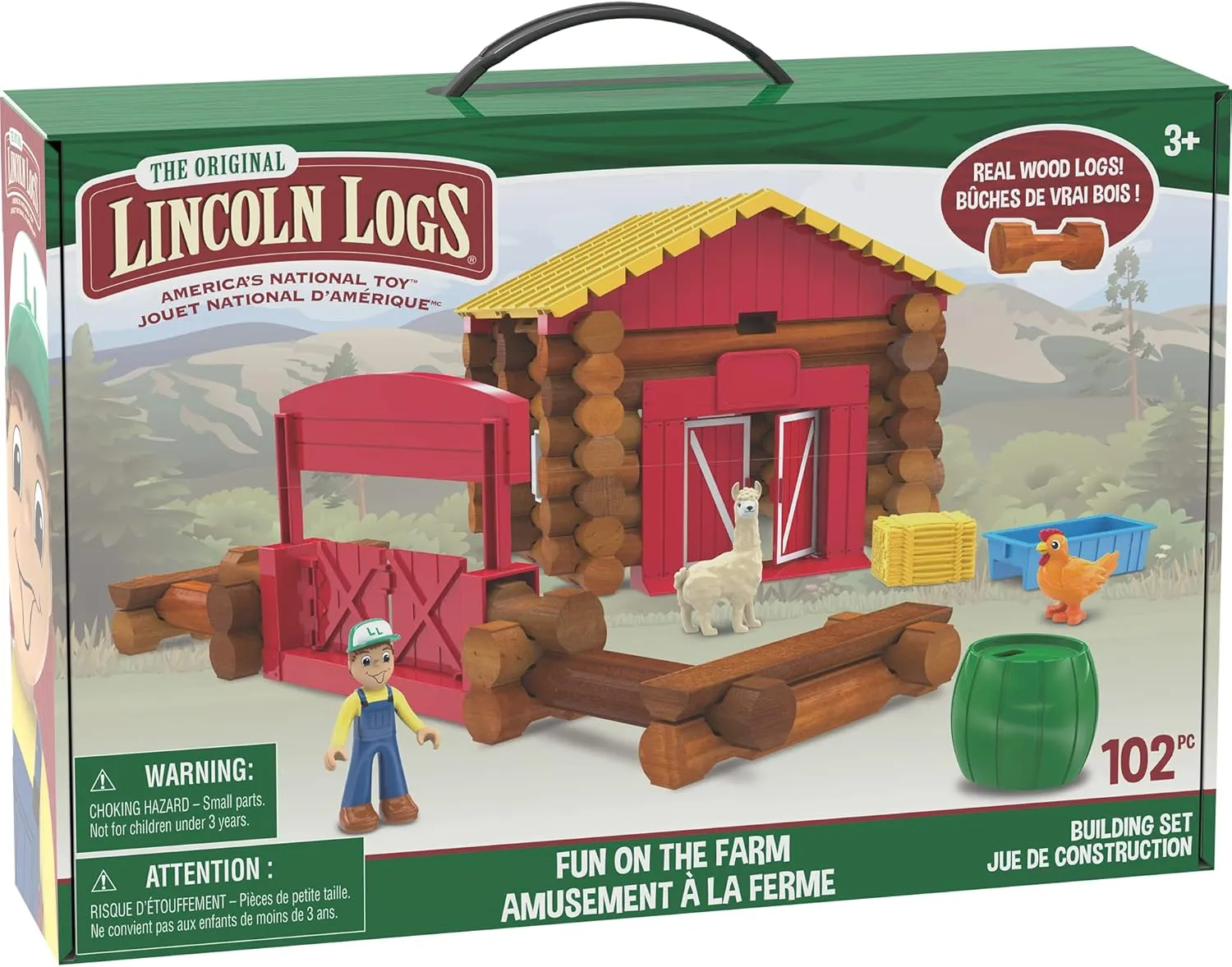 LINCOLN LOGS – Fun On The Farm - 102 Parts - Real Wood Logs - Ages 3  - Best Retro Building Gift Set for Boys/Girls – Creative Construction Engineering – Top Blocks Game Kit - Preschool Education Toy