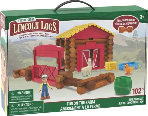 LINCOLN LOGS – Fun On The Farm - 102 Parts - Real Wood Logs - Ages 3  - Best Retro Building Gift Set for Boys/Girls – Creative Construction Engineering – Top Blocks Game Kit - Preschool Education Toy