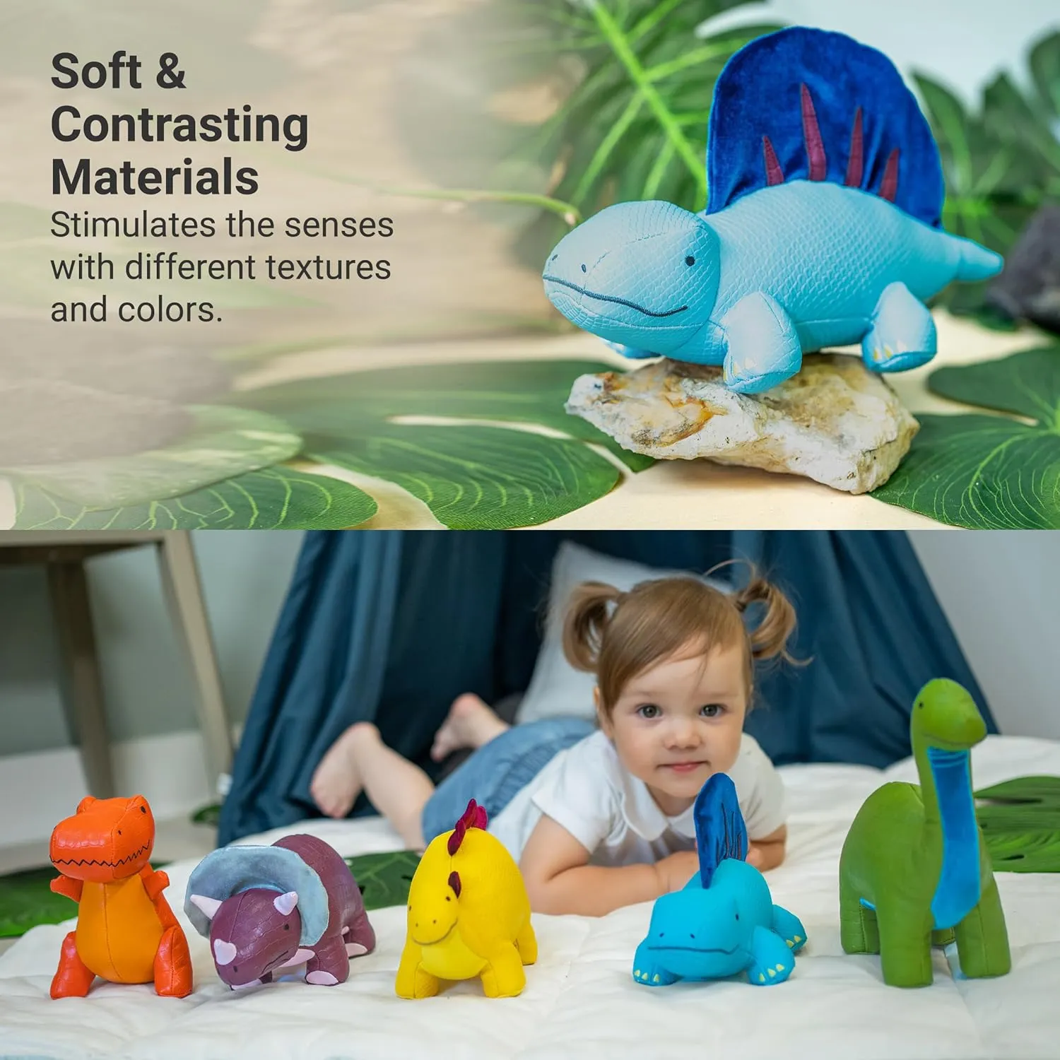 Little Big Friends Dino Friends | Dimetrodon Sensory Toy with Textures & Tinkling Bell | Baby-Safe Vegan Leather Toy | Lightweight & Cleanable | Dimitri The Dimetrodon