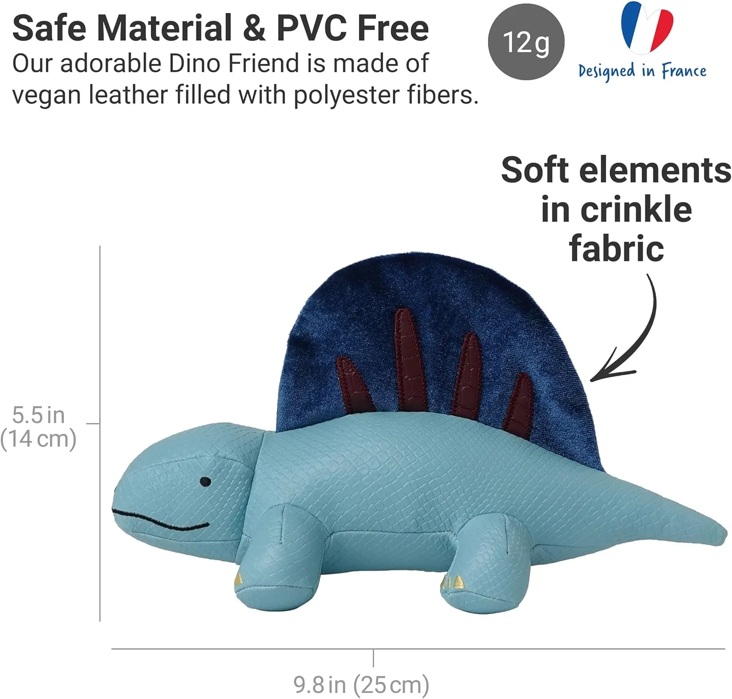 Little Big Friends Dino Friends | Dimetrodon Sensory Toy with Textures & Tinkling Bell | Baby-Safe Vegan Leather Toy | Lightweight & Cleanable | Dimitri The Dimetrodon