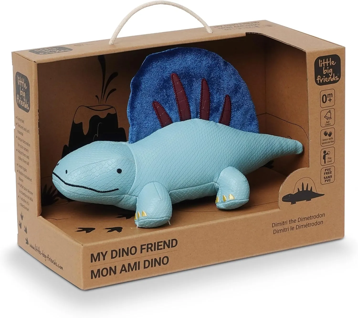 Little Big Friends Dino Friends | Dimetrodon Sensory Toy with Textures & Tinkling Bell | Baby-Safe Vegan Leather Toy | Lightweight & Cleanable | Dimitri The Dimetrodon