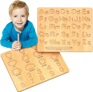 LOOIKOOS Wooden Letters Practicing Board, Double-Sided Alphabet Tracing Tool Learning to Write ABC Educational Toy Game Fine Motor Skill Development，Montessori Toy Gift for Preschool 3-5 Years Old