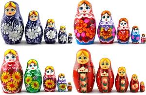 Lot 4 Russian Nesting Dolls for Kids Each Maryoshka 5 Pieces Set - Handmade Wooden Babushka Dolls Stacking Toys - 7 Munecas Rusas De Madera Decoracion Hogarena
