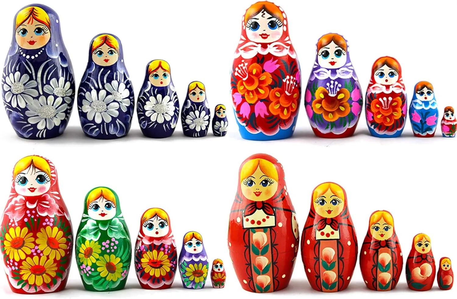 Lot 4 Russian Nesting Dolls for Kids Each Maryoshka 5 Pieces Set - Handmade Wooden Babushka Dolls Stacking Toys - 7 Munecas Rusas De Madera Decoracion Hogarena