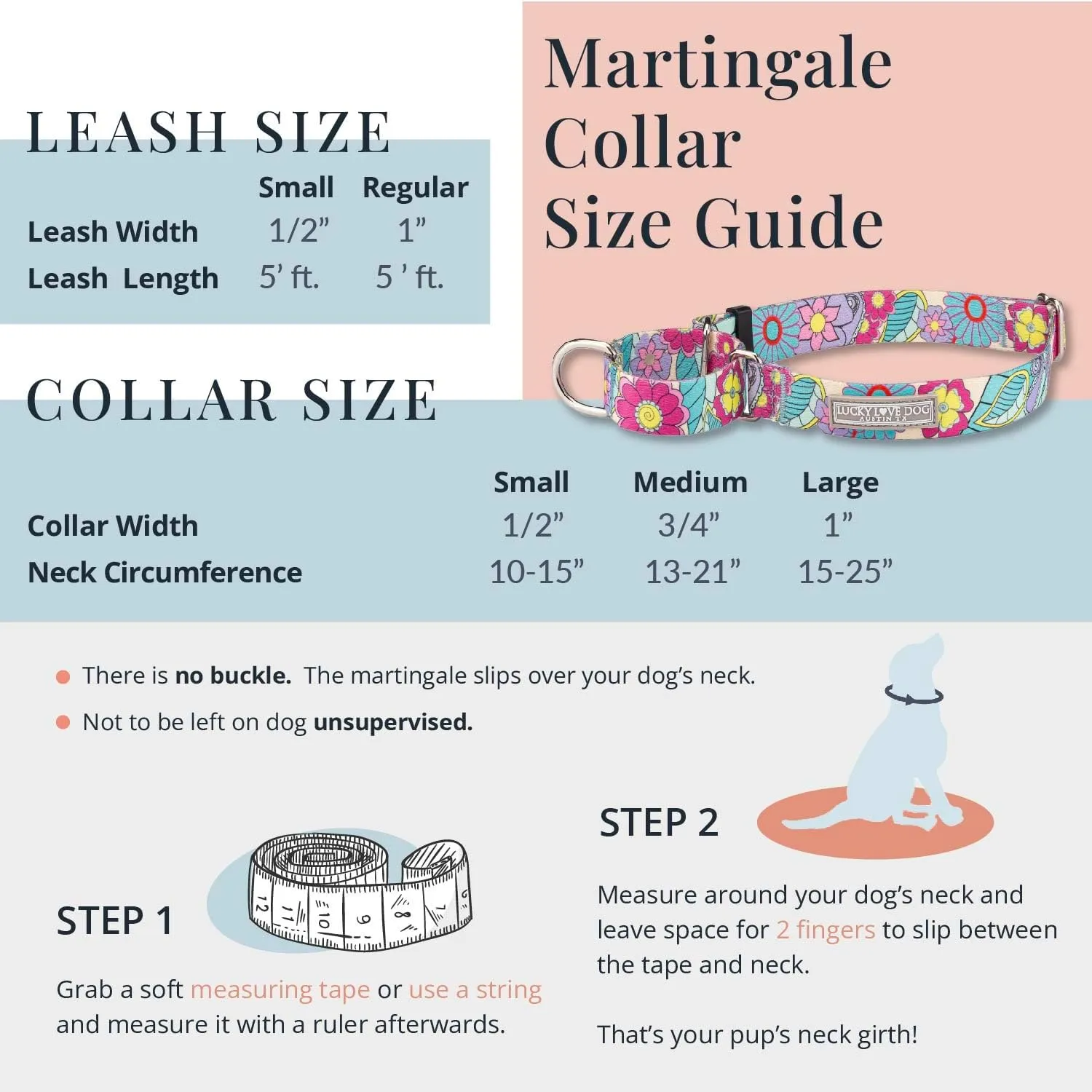 Lucky Love Dog Martingale Dog Collar - Adjustable, No-Slip, Durable, & Soft Webbing Collar for Male and Female Dogs Ideal for Training & Walking - Murphy, Large
