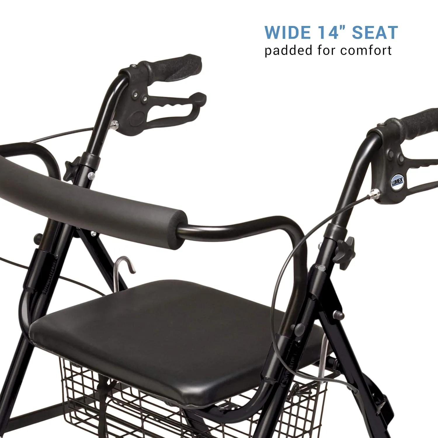Lumex Walkabout Contour Deluxe Rollator with Seat - Larger 8" Wheels & Padded Backrest for Upgraded Comfort - Black, RJ4805K