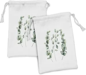 Lunarable Eucalyptus Fabric Pouch Set of 2, Hand Painted Realistic Leafy Branches in Watercolor, Small Drawstring Bag for Toiletries Masks and Favors, 9" x 6", Sage Green Emerald