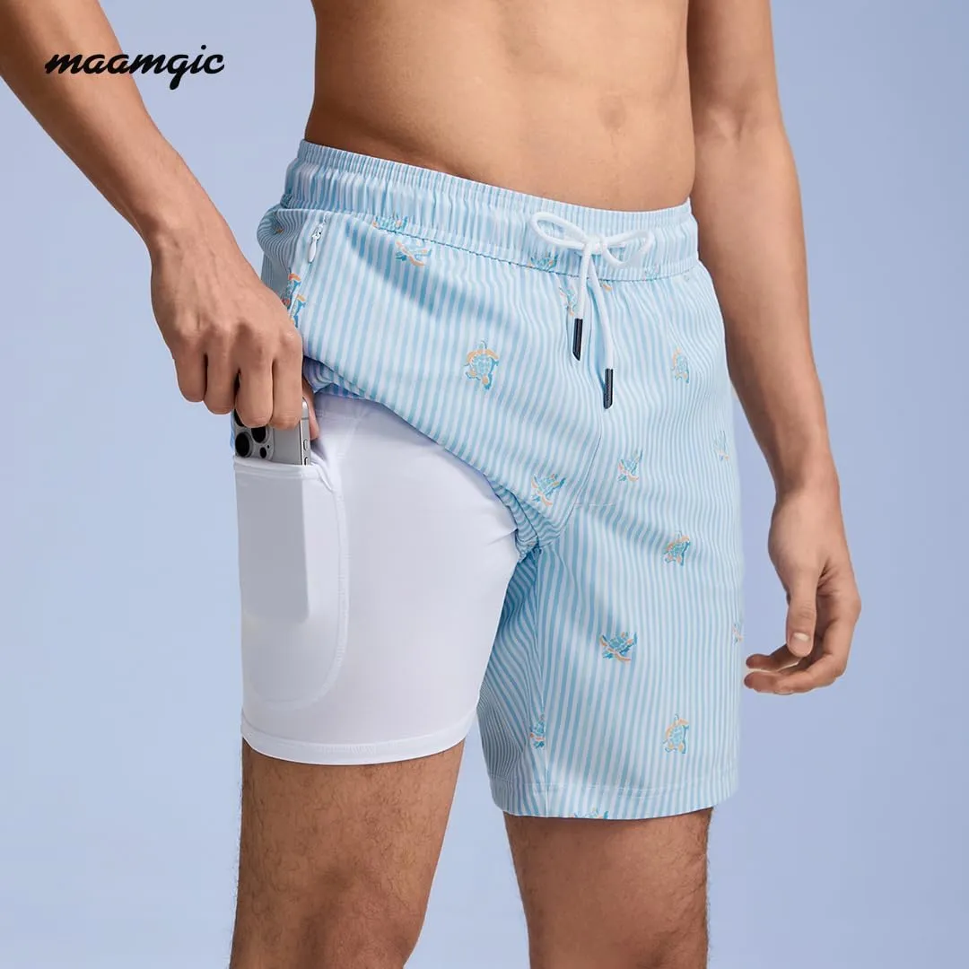 maamgic Mens Swim Trunks with Compression Liner 7" Bathing Suit Quick Dry Swimming Trunks for Men with Zipper Pockets