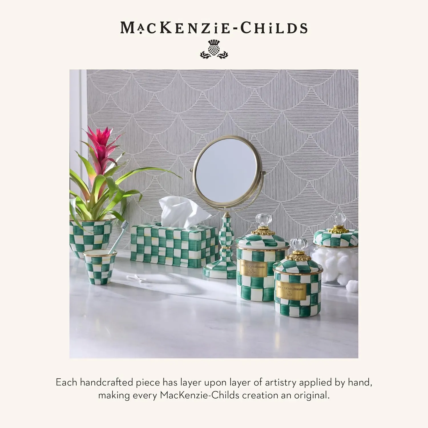 MACKENZIE-CHILDS Enamel Herb Pots, Small Plant Pots for Herbs or Flowers, Set of 3, Green-and-White Emerald Check