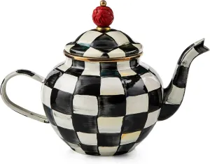 MACKENZIE-CHILDS Enamel Teapot, Cute Small Teapot with Lid, 4-Cup Capacity, Black-and-White Courtly Check