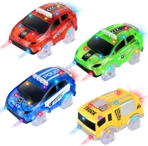 Magic Tracks Cars Glow in The Dark with 5 Flashing LED Lights, Light Up Tracks Cars Only Replacement, Flex Race Car Compatible with Most Race Tracks for Kids (4pack)