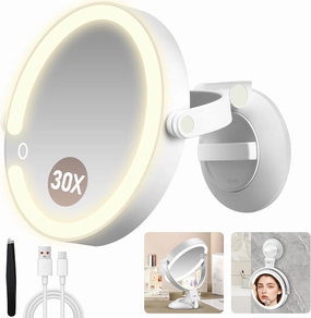 Magnifying Mirror with Light 30X, LED Bathroom Mirror with 3 Lighting Modes, 2-Sided 30x/1x Rotation Wall Mounted Makeup Mirror, Rechargeable Mirror with Lights and Suction Cup for Bathroom