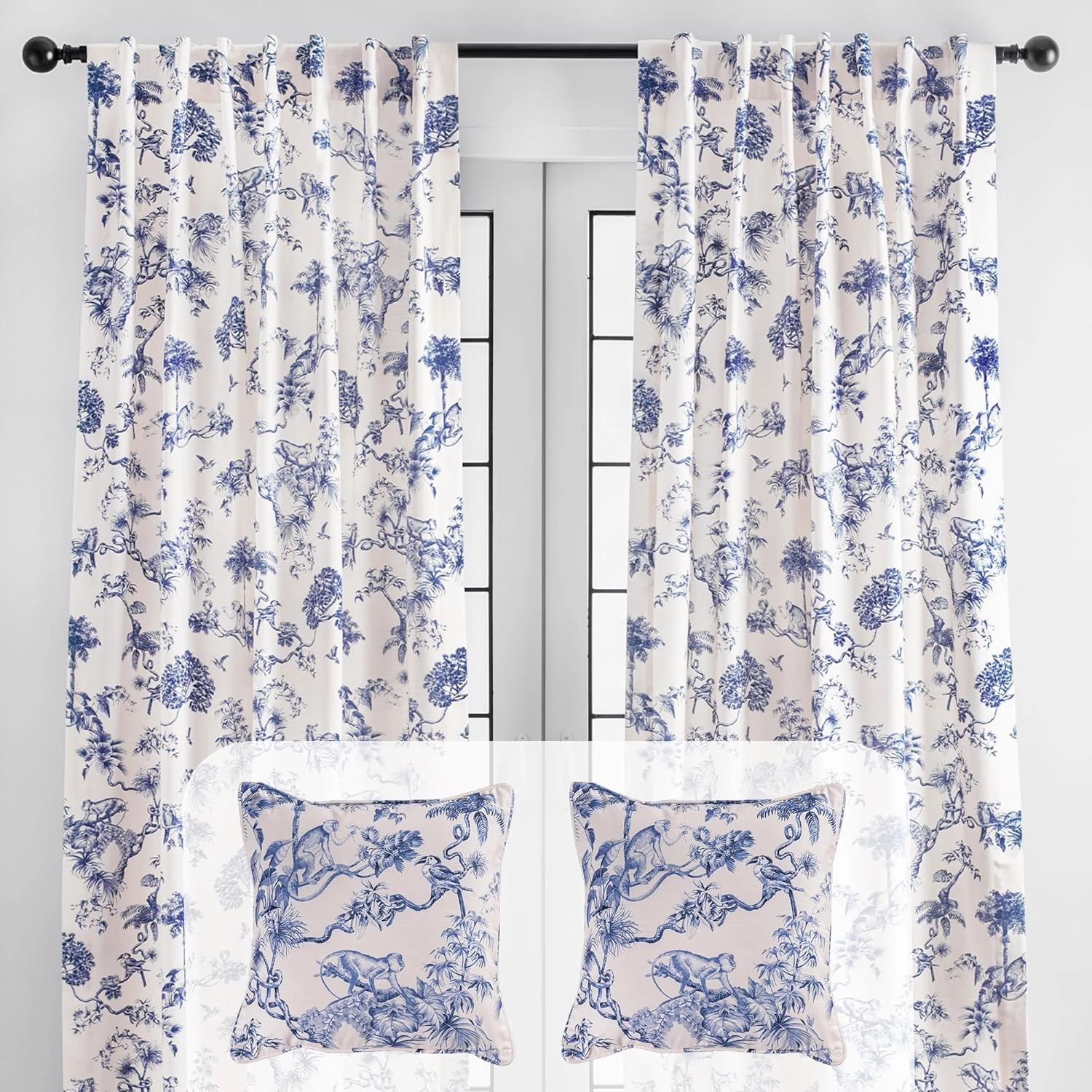 Maison d' Hermine Bonobo - Blue Bundle Set – 100% Cotton Curtains (96 Inch x 50 Inch, 2 Panels) & 2 Decorative Pillow Covers (18 Inch x 18 Inch)