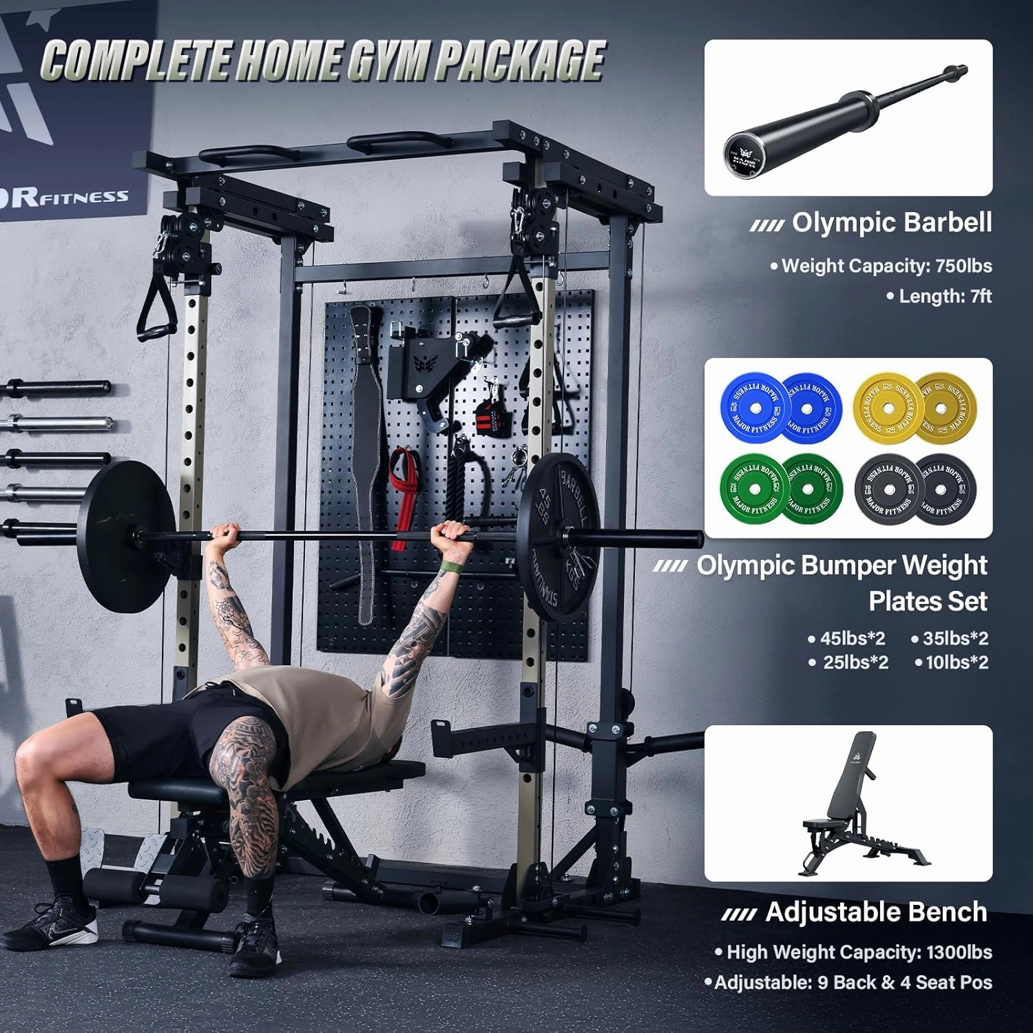 MAJOR FITNESS Drone3 Power Cage - Multi-Function Power Rack for Home Gym, Squat Rack with Pull-up Bar, Cable Crossover System, J-Hooks, for Strength Training, Heavy-Duty Steel Construction