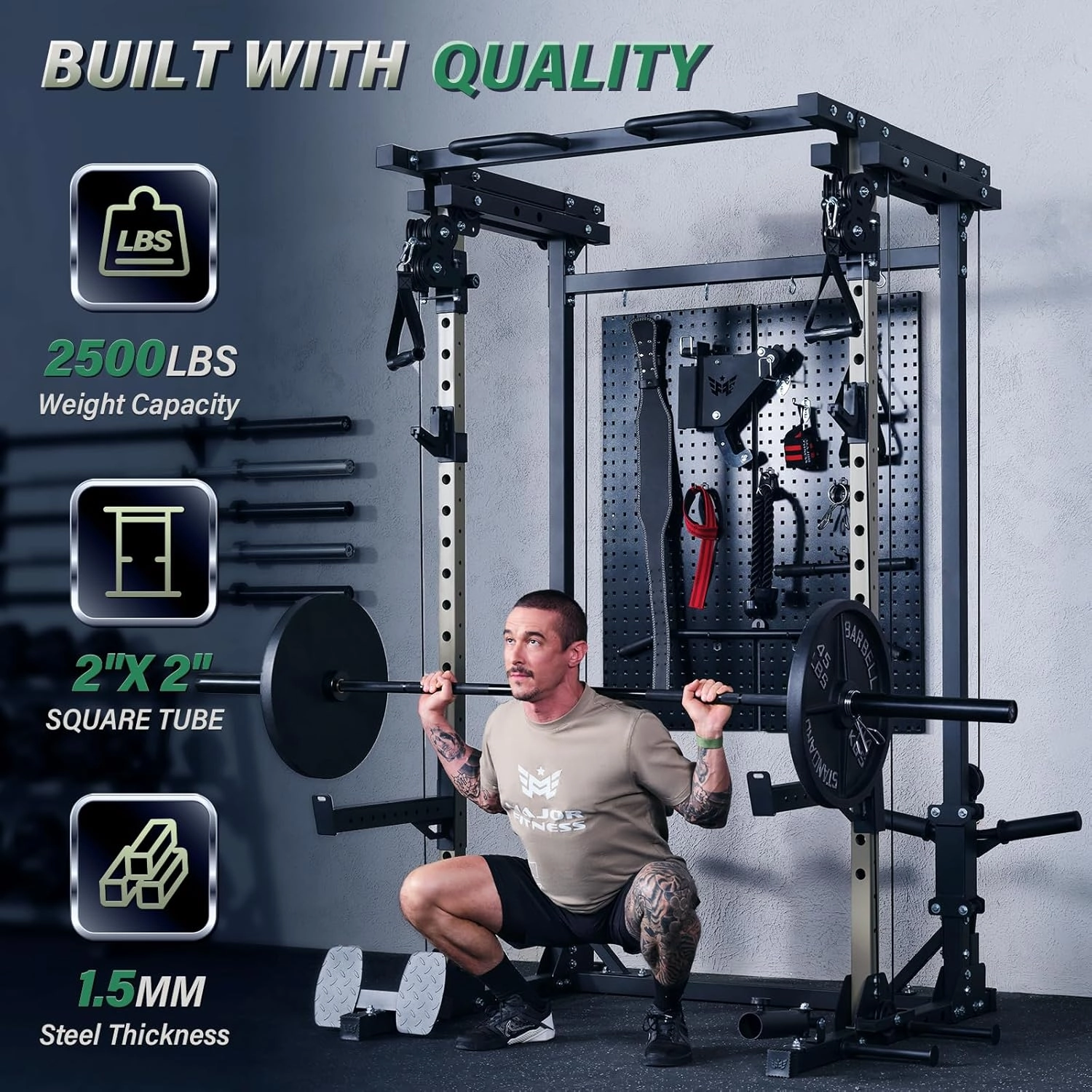 MAJOR FITNESS Drone3 Power Cage - Multi-Function Power Rack for Home Gym, Squat Rack with Pull-up Bar, Cable Crossover System, J-Hooks, for Strength Training, Heavy-Duty Steel Construction