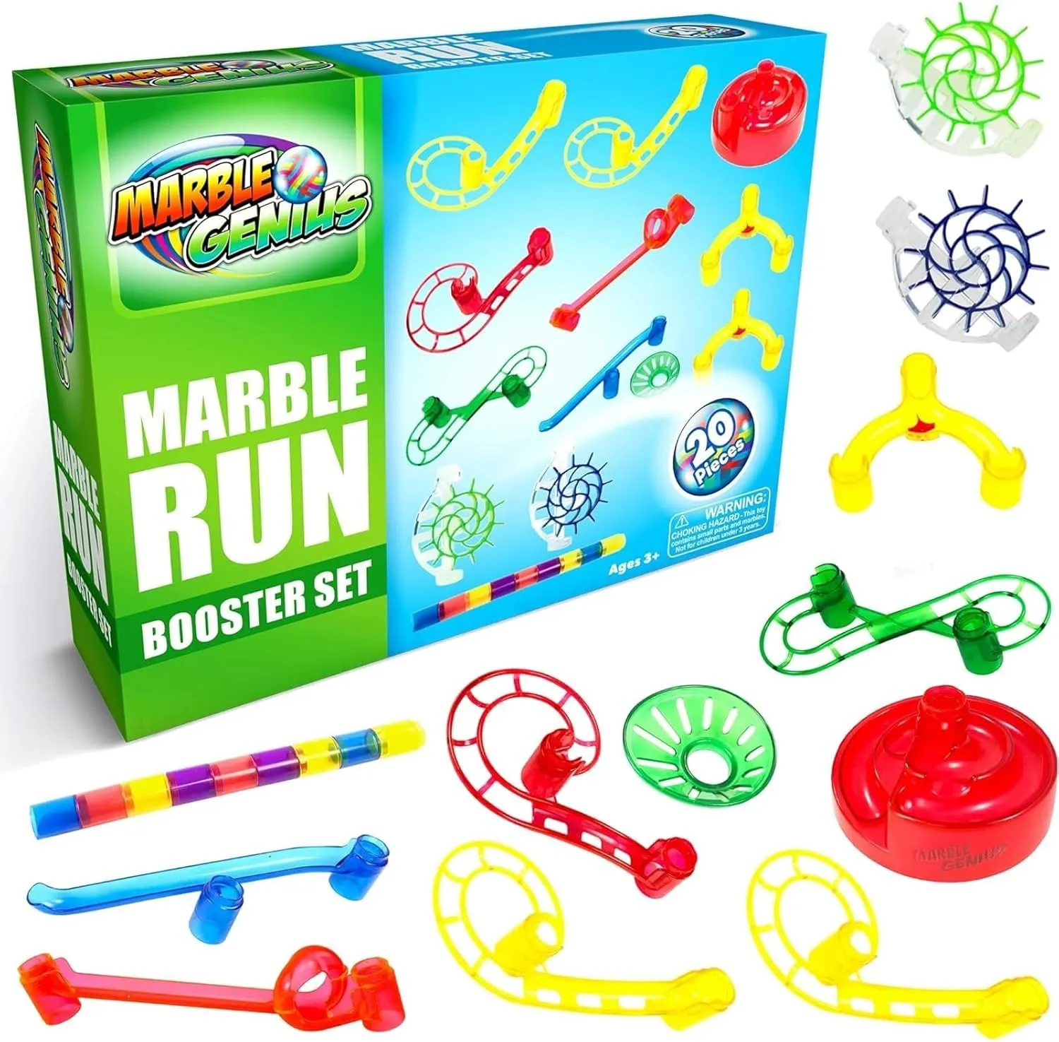 Marble Genius Marble Run Booster Set - 20 Pieces Total (Marbles Not Included), Construction Building Blocks Toys for Ages 3 and Above, with Instruction App Access, Add-On Set, Primary