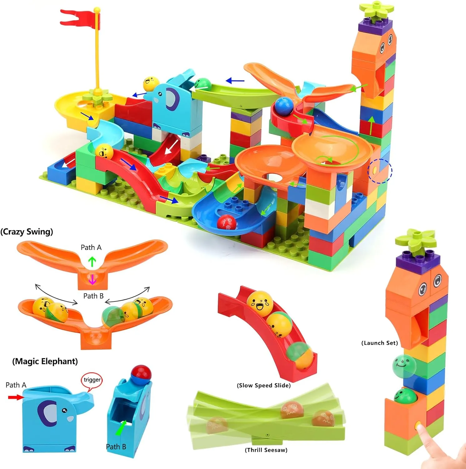 Marble Run Building Blocks: Upgrade Marbles Launcher Set Circular Fun Shot Game Variety Track Parts Compatible with Classic Large Bricks Birthday Gift for Boys Girls Toddler Aged 3,4,5,6,7,8 